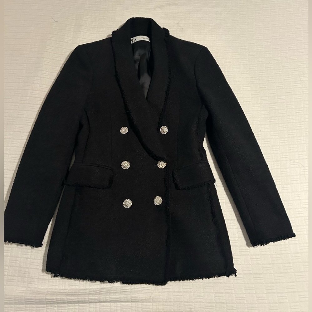 Zara Black textured Tweed Double-Breasted Blazer XS (0-2)